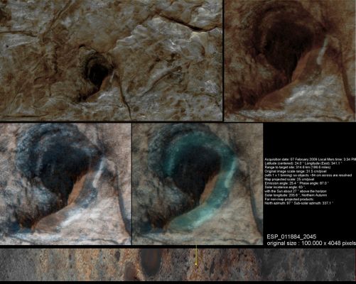 Unusual Translucent Surface on the edge of a candidate Collapse Pit (edm frame - inset in False Colors, credits: Dr M. Faccin; inset in Natural Colors, credits: Lunar Explorer Italia)
Osservate attentamente: appena visibile nell'inset in Colori Naturali, ma del tutto evidente in quello elaborato in Falsi Colori, potete vedere NITIDAMENTE il margine (bordo) inferiore del pozzo (caratterizzato da piccoli accumuli di sabbia e pietrisco) anche guardando ATTRAVERSO LA SUPERFICIE TRASLUCIDA (color ambra nella versione in Colori Naturali e color celeste nella versione in Falsi Colori) che sembra formare una sorta di "anello" (o un numero "9") intorno al bordo superiore del pozzo.

Di qualunque materia si tratti, questo fenomeno a noi sembra straordinario; e a Voi???
Parole chiave: Mars from orbit - Mawrth Vallis - Controversial Surface Feature: the "Translucent Rim"