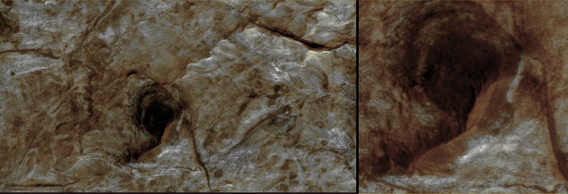 Unusual Translucent Surface on the edge of a candidate Collapse Pit (edm frame - Natural Colors, credits: Lunar Explorer Italia)
nessun commento
Parole chiave: Mars from orbit - Mawrth Vallis - Controversial Surface Feature: the "Translucent Rim"