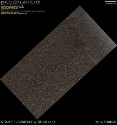 South Polar "Swiss-Cheese Surface Features" (Natural Colors; credits: Lunar Explorer Italia)
This image represents a Martian Terrain containing "Swiss Cheese" features. This Terrain is found only within the residue of the Southern Polar Cap, which comprises of mostly frozen CO2 and H2O. 

These particular features are flat-floored, circular depressions that are believed to form from different rates in the seasonal changes of the CO2 and H2O ices. Varying rates in sublimation (when these ices change directly to vapors upon heat and back to deposited solids upon cooling) produces these rimmed depressions from the flat polar ice plane. It is hypothesized that the depression areas are made up of dry ice - such as Carbon Dioxide - and the material below consists of the water ice. 
This Carbon Dioxide solid rises and slightly evaporates into the thin Atmosphere in the Summer while the water layer remains in place. As the South Pole cools with seasonal change, the "Swiss Cheese" formation is obtained with risen CO2 rimmed depressions and flat water mesas. 

The Martian North Pole will evaporate all of its CO2 in the Summer; however the South Pole is colder and this may explain why this Terrain is only found in this area.
Some of the circular features in the full image show distinct cusps that point in the direction of the Pole. These cusps suggest insolation, a measure of solar radiation that is pushing the movement/formation of these depressions away from the Pole. There is also an observed lateral outward growth of the features at the rate of about 1-to-3 meters a year, indicating to scientists that the depressions must form in a CO2 medium.
Parole chiave: Mars from orbit - South Polar Regions - Swiss-cheese Terrain