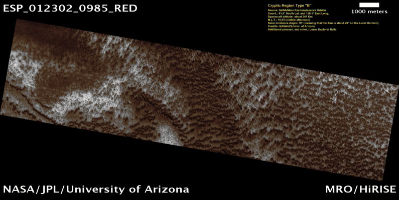 Cryptic Region Type "B" (Natural Colors; credits: Lunar Explorer Italia)
nessun commento
Parole chiave: Mars from orbit - South Polar Regions - Fans