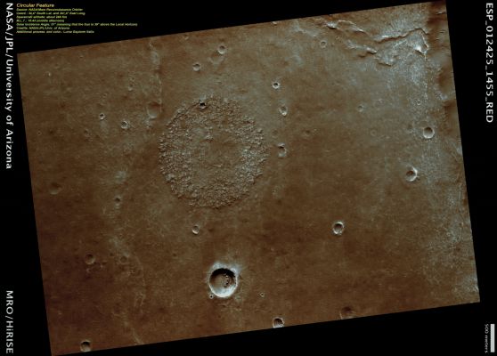 Unusually-looking "Circular Surface Feature" (possible True Colors; credits: Dr G. Barca)
This circular feature is a collection of hills, with some connected by ridges. The circularity suggests that perhaps there was once an impact crater here that was subsequently filled with material which was somehow more resistant to erosion than the landscape around it. Over time, as erosion stripped away the ground, the fill material was left standing higher (although it has clearly been eroded as well).

Nota Lunexit: si tratta di un "Exhumed Crater", ossìa di un cratere prima ricoperto da detriti e sedimenti e poi, a seguito di azioni prevalentemente eoliche (un vero e proprio scorticamento del suolo), è stato riportato - parzialmente - alla luce. Lo scorticamento che evidenzia il cratere sepolto è indice del fatto che i materiali i quali lo avevano ricoperto erano più resistenti e stabili dei materiali che circondano il cratere stesse (i quali, appunto, sono stati smossi dai venti). Un fenomeno similare, ma relativo ai canali, dà luogo ai cosiddetti "Inverted Channels", di cui si è già parlato in passato
Parole chiave: Mars from orbit - Craters - Exhumed Unnamed Crater