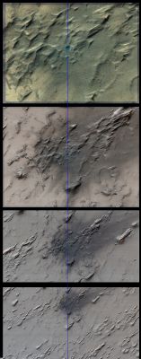 Fresh Impact (EDMs - EDM 1, 2 and 3, from the bottom up, are in Natural Colors; credits: Dr M. Faccin)
Osservate attentamente: il Suolo Marziano è, effettivamente, "macchiato" - e probabilmente bruciato -, MA NON INTACCATO (una conferma in tale senso deriva dalla constatazione della circostanza per cui i Rilievi Superficiali visibili in corrispondenza della "macchia" (diremmo che si potrebbe trattare di Yardangs aventi modestissime dimensioni) non subiscono variazioni/deformazioni in rapporto ai medesimi Rilievi visibili al di fuori della zona interessata dall'impatto/esplosione (diciamo, tecnicamente, che "i Rilievi Superficiali esterni all'area di interesse proseguono senza soluzione di continuità all'interno dell'area stessa").

Che altro aggiungere? Si tratta di un fenomeno, come vedete, decisamente INTERESSANTE, ma sul quale la NASA - as usual... - non ci ha detto assolutamente nulla.
Peccato...
Parole chiave: Mars from orbit - Craters - Fresh Crater