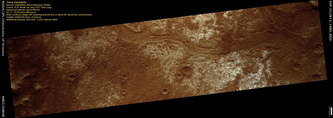 Terra Cimmeria (ctx frame - Natural Colors; credits: Lunar Explorer Italia)
This image shows a network of small valleys in the Terra Cimmeria Region of the Martian Southern Highlands. This location is approx. 1000 Km (about 600 miles) South of Gusev Crater, the Landing Site of the Mars Exploration Rover Spirit.

The valleys in this image are carved into light-toned bedrock exhibiting a range of colors, which likely reflect a range of mineralogical compositions. The bedrock is pervasively fractured, and some of the fractures appear to be filled with material of a different color, possibly composed of minerals that crystallized or were cemented together when fluids (perhaps water) circulated through the fractures.
Parole chiave: Mars from orbit - Terra Cimmeria