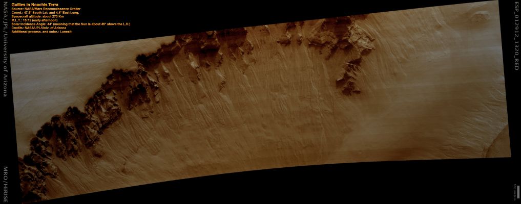 Gullies in Noachis Terra (Natural Colors; credits: Lunar Explorer Italia)
Geologically young Gullies are a prime target for the HiRISE camera. Gullies are located in a variety of settings and are found all over Mars.
This "Ring Trough" or "Eroded Pit Crater", is located in the rugged Southern Highland Terrain known as Noachis Terra. The HiRISE image shows the layered, boulder-rich wall rock facing to the North-East and Gullies that are transporting material downslope.
The material collects into debris aprons along the walls, which often exhibit narrow channels along its surface.
Parole chiave: Mars from orbit - Gullies - Noachis Terra