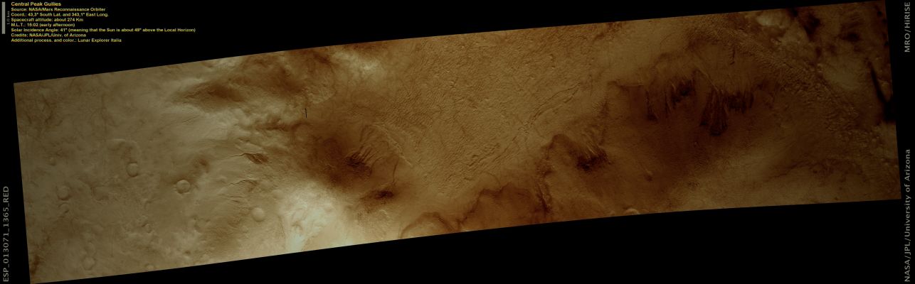 Central Peak Gullies (Natural Colors; credits: Lunar Explorer Italia)
nessun commento
Parole chiave: Mars from orbit - Craters - Unnamed Crater with Central Uplift