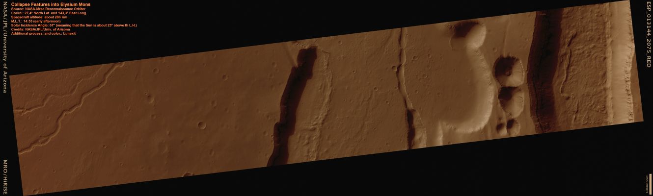 Collapse Features on the Flank of Elysium Mons (Natural Colors; credits: Lunar Explorer Italia)
This image is of the Flanks of the "Shield Volcano" Elysium Mons. The volcano is considered to be the youngest within the Elysium Mons Province, which also contains the volcanoes Hecates Tholus and Albor Tholus.

Of course, "young" is a relative term. The last eruption of Elysium Mons could well have been a billion years or more ago.
This image shows a series of flat bottomed valleys along the flanks of Elysium Mons. There is considerable debate on exactly how these valleys form. In Hawaii, the classic example of Shield Volcanoes on Earth, similar valleys are carved by prodigious rainfall. While some rain may have fallen in the earliest epochs of Mars' Geologic History, the lack of small drainage networks shows that these Martian Channels were not carved by rain. However, Mudflows and Lava Flows could potentially erode the sides of the Volcano. 

An important hint for the origin of the Valleys comes from the Chain of Pits visible in the Northern part of the image. These Pits form as the ground is pulled apart by Marsquakes. Thus it seems that many of these Valleys are first formed by movement along Faults. Then Mud and/or Lava Flows widen the sides of the Valley and give it a flat floor.
Parole chiave: Mars from orbit - Collapse Features - Pits