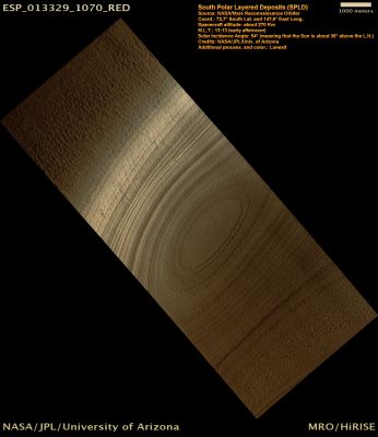 South Polar Layered Deposits (Natural Colors; credits: Lunar Explorer Italia)
The Ice Caps on Mars are surrounded by a thick stack of Layered Deposits. HiRISE and other instruments have shown that these layers are composed of dusty ice. Now imagine this stack of layers as a cake with alternating layers. 
What happens if someone comes and takes a big scoop out of the middle of the cake? Well, while our first reaction might be to get mad at them for ruining the cake, take a moment to think what the pattern would look like: it would have rings going round and round the hole. This is what we are seeing in this image of Mars. 

The same pattern that you can see HERE!

Therefore, what you see in this frame is just the consequence of some erosional process which has scooped a big hole into the Layered Deposits.
Parole chiave: Mars from orbit - South Polar Regions - SPLD