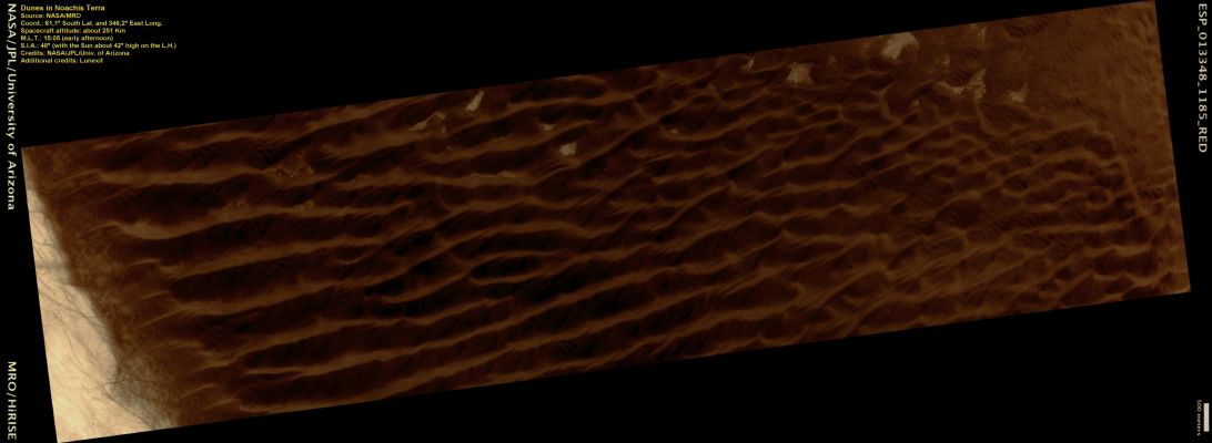 Dunefield in Noachis Terra (ctx frame - Natural Colors; credits: Lunar Explorer Italia)
This Dunefield is on the floor of a small crater in Noachis Terra, a Region located in the Southern Hemisphere of Mars.
The slip faces of the Dunes have multiple directions, indicating that there were several wind directions and changes in wind strength when the Dunes formed. The dominant Dune type are Transverse Dunes (oriented perpendicular to the prevailing wind direction), with modified Barchans (crescent-shaped dunes) in the Northern Region of the Field and incipient Linear Dunes in the Southern Region.
The bright material scattered throughout the Dune Troughs are outcrops of underlying bedrock.
The left side (Sx) of the image clearly displays a mass of Dark Dust Devil Tracks. 
Dust Devils are wind funnels that suck up dust as they travel over the surface exposing the dark sandy substrate.
Parole chiave: Mars from orbit - Dunefield - Noachis Terra