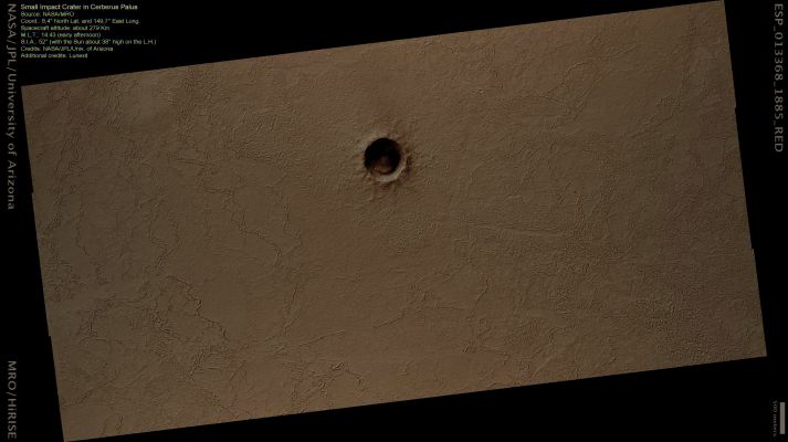 Small and (relatively) fresh Impact Crater in Cerberus Palus (Natural Colors; credits: Lunexit)
This observation shows a Lava Plain near the Martian Equator. The Lava is superposed by a small, fresh Impact Crater that is itself surrounded by boulders that were ejected from the Surface when the impact occurred. 
There are dunes on the Crater Floor, indicating that the Crater has been present long enough on the Plain so that the wind has blown fine material into it and then formed small dunes.
Parole chiave: Mars from orbit - Craters - Unnamed Crater in Cerberus Palus