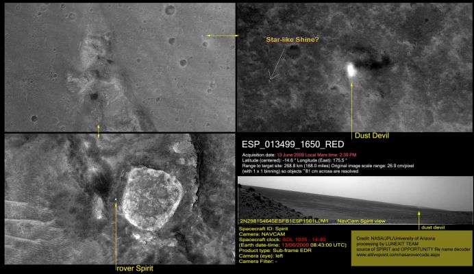 Dust Devil and the Star-like Surface Feature (image-mosaic; credits: Dr M. Faccin and Elisabetta Bonora)
Grazie agli sforzi congiunti del nostro Senior Partner e Tecnico dell'Immagine (Dr Marco Faccin) e della nostra Junior Partner e Collaboratrice Esterna (Elisabetta Bonora), abbiamo finalmente la possiblità di gettare un pizzico di luce e di chiarezza sul "mistero" dello Star-like Shining che viene ininterrottamente inquadrato dal MER Spirit da ormai un paio di mesi.

Ebbene, grazie alla doppia ripresa della medesima zona di Gusev Crater, come ottenuta dal MER Spirit e dalla Sonda Mars Reconnaissance Orbiter - una ripresa apparentemente finalizzata a descrivere il movimento di un Dust Devil - siamo riusciti ad individuare, dall'inquadratura orbitale, il dettaglio che, a nostro parere, dovrebbe costituire una tanto evidente, quanto difficilmente spiegabile, Anomalìa di Superficie.

Un dettaglio che, come Voi stessi potete verificare osservando l'EDM processato dal nostro Dr Faccin, si caratterizza per l'essere un OGGETTO REALE (apparentemente a pianta squadrata, di albedo elevata, capace di proiettare un'ombra e che ci risulta completamente NON-Contestualizzabile - ergo potrebbe anche trattarsi di un rilievo NON Naturale...) e NON, come qualcuno aveva ipotizzato, un image-artifact.

La distanza che separa, nel frame orbitale, il DD dallo Star-like Shining, la riteniamo compresa fra i 110 ed i 130 metri.

Da notare, infine, che nell'EDM proposto dalla NASA/JPL/Univ. of Arizona (guardate su http : / / hirise . lpl . arizona . edu / images / 2009 / details / cut / ESP_013499_1650_cut . jpg - rubricato come "Stunning Image"), il rilievo luminoso di cui si sta trattando è stato escluso dall'immagine (ci viene da dire "ovviamente"...).

Queste annotazioni le pubblichiamo affinchè Voi possiate svolgere le Vostre (a questo punto) INFORMATE e quanto mai OPPORTUNE riflessioni su una nuova - secondo noi sempre più affascinante e, per certi versi, sconcertante - "Martian Oddity".
Parole chiave: Image-Mosaic