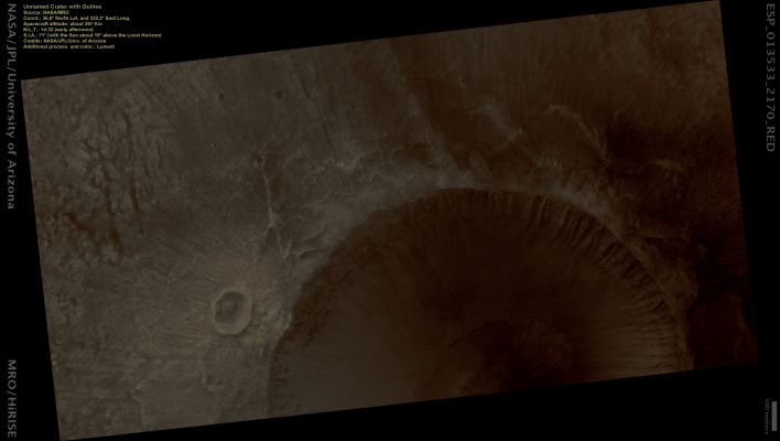 Unnamed Crater with Gullies (Natural Colors; credits: Lunexit)
nessun commento
Parole chiave: Mars from orbit - Craters - Unnamed Crater with Gullies