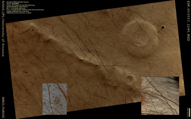 The "Argyre Lineae" and the "Lineae" seen on the Jovian moon "Europa": a comparison (CTX-Frame - image-mosaic by Lunexit)
Per il momento, il nostro parallelo è solo un azzardo, giustificato - si fa per dire... - dalla notevole somiglianza esistente fra le linee che caratterizzano la Superficie della Luna Gioviana "Europa" (pensate, ad esempio, alla "Minos Linea" - in basso a Dx - che la NASA stessa ritiene essere la "Prova Geologica" dell'esistenza di un Oceano Sotterraneo - liquido! - situato ad un centinaio di Km di profondità) e queste "linee" che caratterizzano il Terreno Marziano intorno alla Latitudine 55° Sud. e 32° Est - Regione della Pianura di Argyre, a circa 2° di Lat. di distanza dal Distretto Montuoso di Charitum (il quale costituisce, nella sua interezza, il margine - Rim - Sud del Bacino di Argyre).

Certo, la NASA dice che queste "Linee Marziane" sono i soliti segni lasciati dal transito dei Dust Devils ma, se osservate con attenzione, potreste notare che esistono - invece - delle nette ed indubitabili differenze fra queste "Linee di Argyre" ed i DD-Tracks.

(nota: la definizione di questi segni della Superficie Marziana come "Argyre Lineae" è stata operata da Lunexit e non dalla NASA)
Parole chiave: Mars from orbit - Southern Mid-Latitudes