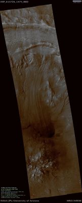 Gullies and Flow Features on an Unnamed Crater Wall (Natural Colors; credits: Lunexit)
This HiRISE image shows a sample of the variety and complexity of processes that may occur on the walls of Martian Craters, well after the impact crater formed.
At the very top of the image is the high Crater Rim; at the bottom of the image is the Crater's Central Peak - a dome of material rising above the surrounding Crater Floor uplifted during the impact event. Reaching down the Walls of the crater are windy and crooked troughs, or Gullies. Some of these Gullies may have formed with the help of liquid water, melted from ice or snowpack on the Crater Walls or from groundwater within the Walls. Also notable is the long tongue-like lobe stretching down the middle of the image, with a darker, rounded snout, and prominent parallel grooves on its surface. These characteristics, together with faint cracks on its surface, suggest that this lobe may have formed by movement of ice-rich material from up on the Crater Wall down to the floor.
Because surface features on this lobe, as well as most Gullies, do not appear sharp and pristine, and wind-blown dunes have blown up on the front snout of the lobe, and because there are several small craters on the lobe's surface, the movement of ice-rich material, and possibly water, have probably not occurred very recently.

Parole chiave: Mars from orbit - Craters - Unnamed Crater with Gullies and Central Peak
