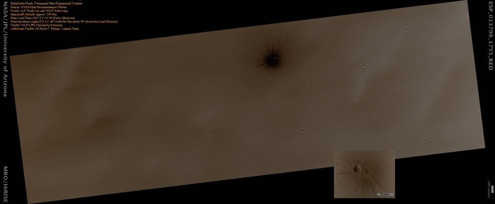 Extremely "Fresh" Unnamed Rayed-Impact Crater (Absolute Natural Colors; credits for the additional process. and color.: Dr Paolo C. Fienga - Lunexit Team)
nessun commento
Parole chiave: Mars from orbit - Craters - Recent Crater