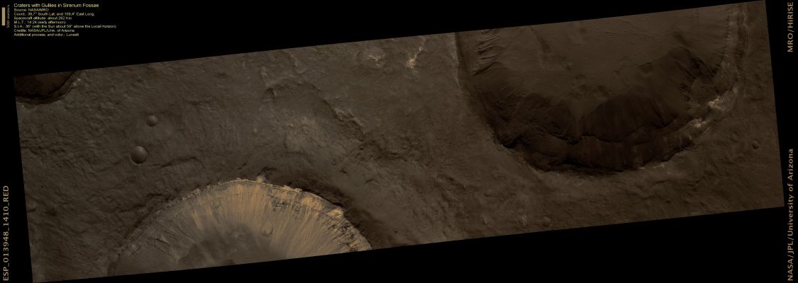 Unnamed Craters with Gullies in Sirenum Fossae (Natural Colors; credits: Lunexit)
This image covers parts of two different Unnamed Craters, both with Gullies in the Inner Walls. Gullies are a popular target because their formation is still being debated.

The powerful HiRISE camera reveals many details of Gullies that have never been seen before. Some hypotheses about the formation of Gullies involve the flow of some amount of liquid (water, brine, or some other substance - Nota Lunexit: QUALE???), and others postulate that Gullies could be formed by the downhill movement of dry material such as Dust or Sand. 
To further complicate things, different Gullies could have formed by different methods.

The many Gullies visible in this image look quite different from each other. This EDM n.1 - from the South/Western part of the Crater to the South - Dx) shows a Gully with a smaller Alcove (source region at the top) and a deep Main Channel. The material in the Channel is a different color than the Alcove, indicating they may contain different minerals or different grain sizes.

Another Gully (EDM n.2), located in the Northern side of the same Crater, has almost no Alcove and very little material deposited at the bottom. However, this Gully is marked by a distinct bright-colored deposit along its length. This could be a sign of recent activity where material has moved downhill.

And yet another site nearby (EDM n.3) within the same Crater has multiple overlapping Gullies of different types. Most of these have large fan-shaped deposits at the bottom, and a few to the left side of the EDM n.3 have bright deposits where new material may have been deposited or exposed. 

Some of the Channels and Fans contain Ripples; this might be where wind eroded loose material, or it may be a texture that formed as sand or liquid moved down the slope. Some of the gully-like features in this image are more likely Dry Landslide Chutes (Dust Avalanches).
Parole chiave: Mars from orbit - Craters - Unnamed Craters with Gullies