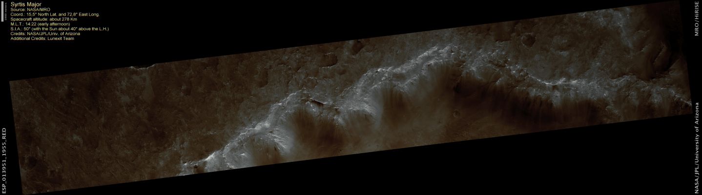 Dark Syrtis Major (CTX Frame - Natural Colors; credits: Dr Paolo C. Fienga - Lunexit Team)
On 13 October 1659, Dutch Astronomer Christiaan Huygens turned one of his telescopes towards a bright orange spot in the sky and produced what Percival Lowell would later call “the first drawing of Mars worthy of the name ever made by man”.

Huygens included a "dark spot" in his drawing that is thought to represent Syrtis Major, a small sliver of which is visible in this HiRISE image.

Syrtis Major is a Shield Volcano and its dark color comes from the dark Basaltic Rock present in the area, visible because it lacks the Dust that paints the rest of the Planet its distinct, rusty orangish color. By tracking this "dark spot" in repeated observations, Huygens concluded that Mars rotated every 24 hours: a time not too far off from its true rotation period of approx. 24 hours and 39,58 minutes.
Parole chiave: Mars from orbit - Syrtis Major Region