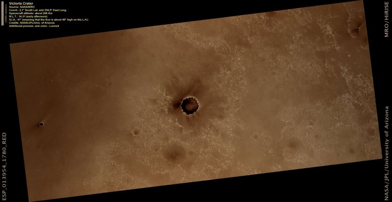 Opportunity near Victoria Crater (Natural - but slightly enhaced - Colors; credits: Lunexit)
nessun commento
Parole chiave: Mars from orbit - Craters - Victoria Crater