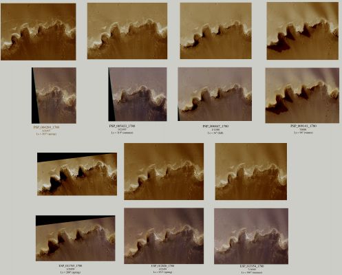 Fading Rover-Tracks near Victoria Crater
In this composite image, we show a close-up of the Rover Tracks, as well as 6 previous HiRISE views acquired since June 2007, shortly after Opportunity’s drive.

The span encompasses over a full Mars year, from Southern Spring to the following Summer. Both the Natural Color images at the top of each sequence and the False Color below show a progressive fading of the Tracks over time. 

It seems that the Tracks were initially fairly red and then become bluer; this curious effect of color-change might have been due to the weight of the Rover which caused its wheels to push dark granules of rocks and dust into the relatively bright and orangish Martian Soil. 

Since then, dark sand has blown out of Victoria and partially covered the Tracks, darkening the Surface.
Parole chiave: Mars from orbit - Craters - Victoria Crater