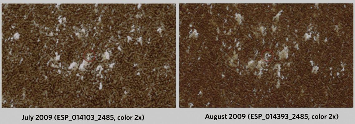 Look who's there: the Phoenix Lander! (Natural Colors; credits: Lunexit)
The High Resolution Imaging Science Experiment (HiRISE) camera on NASA's Mars Reconnaissance Orbiter captured Winter images of NASA's Phoenix Mars Lander surrounded by dry-ice frost on Mars. 

As the Sun began to reappear on the horizon following the deepest, darkest days of North Polar Winter on Mars, the HiRISE camera imaged the Phoenix Landing Site on July 30, 2009, (left image) and in Aug. 22, 2009 (right). 

The Sun was only 1° above the Local Horizon when the July image was taken at approximately 14:00 M.L.T. .-
In the August image the Sun was 6° above the L.H. when the image was taken, at about 13:44 M.L.T. . 

By matching up the images with the known location of the Lander, the HiRISE team identified the hardware, disguised by frost, despite the fact that the views were hindered by poor lighting and atmospheric haze, which often obscures the Martian Surface at this location and season. 

Carbon Dioxide frost completely blankets the Surface in both images. The amount of brightness doesn't necessarily indicate the amount of frost seen in the image because of the way the images are processed to produce optical contrast. Each of these images is stretched differently for optimal contrast, so "bright" and "dark" can't be compared directly between images without doing complex calibrations. In fact, if you stretched all of them exactly the same, the darker areas in the frost covered images are still brighter than typical soil, like that surrounding the Lander in the frost-free image. 

Other factors affect the relative brightness, such as the size of individual grains of CO2 ice, the amount of dust mixed in with the ice, the amount of sunlight hitting the Surface, and different lighting angles and slopes. The winds are also changing direction and strength, moving loose frost and dust around over time. 

Studying these changes will help scientists understand the nature of the seasonal frost and Winter Weather Patterns in this area of Mars. 

The amount of CO2 frost is increasing as late Winter transitions to early Spring, so the layer of frost is getting thicker in each image, slowly encasing the Lander. The maximum thickness was expected to be on the order of tens of centimeters, which would have reached its peak in September 2009. The thickness has not been confirmed yet because the MRO Spacecraft suspended taking images when it entered safe mode on August 26. 
Oct. 26, 2009, marked the first day of Spring in the Northern Hemisphere of Mars. 

The Planetary Society has put together an animation comparing the hardware at different times. (see ---> http://www.planetary.org/blog/article/00002182/). 

The Phoenix Mars Lander ceased communications last November (2008), after successfully completing its mission and returning unprecedented science data to Earth. Launched Aug. 4, 2007, Phoenix safely touched down on Mars on May 25, 2008, at a site farther North than where any previous Spacecraft had landed. During the first quarter of 2010, teams at JPL will listen to see if Phoenix is still able to communicate with Earth. Springtime thaw images may also be available. 

These views are a portion of a HiRISE image which is available in full-frame at http://hirise.lpl.arizona.edu/ESP_014393_2485. 

Parole chiave: Mars from orbit - Landing Sites - Phoenix