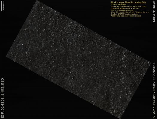 Monitoring of Phoenix Landing Site (Natural Colors; credits: Lunexit)
nessun commento
Parole chiave: Mars from orbit - Vastitas Borealis Region