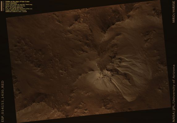 Gullies at the Edge of Hale Crater (Natural Colors; credits: Lunexit)
Several years ago, Gullies carved into hill-slopes and the walls of impact craters like the ones pictured here were discovered. Scientists are excited to study these features because, on Earth, they usually form through the action of liquid water - long thought to be absent on the Martian Surface. 
Whether Gullies form under today's cold dry conditions is a major question that planetary scientists are trying to answer.

The Gullies pictured here are great examples of what a typical Martian Gully looks like. You can see wide V-shaped channels running downhill (from top to bottom) where the material that carved the Gully flowed. At the bottom of the channel this material empties out onto a fan-shaped mound. Several Gullies are visible here and the fans from each gully overlap one other in complicated ways.
At the tops of the channels, large amphitheater-shaped alcoves are carved in the rock. The material removed from these alcoves likely flowed downhill to the aprons through the Gullies.

Gullies at this site are especially interesting because scientists recently discovered examples at similar locations to be still active. Images separated by several years showed changes in the appearance of some of these Gullies. 
Today, planetary scientists are using the HiRISE camera to examine Gullies for ongoing change and investigate what that might mean for the occurrence of liquid water on the Surface of Mars.
Parole chiave: Mars from orbit - Craters - Hale Crater