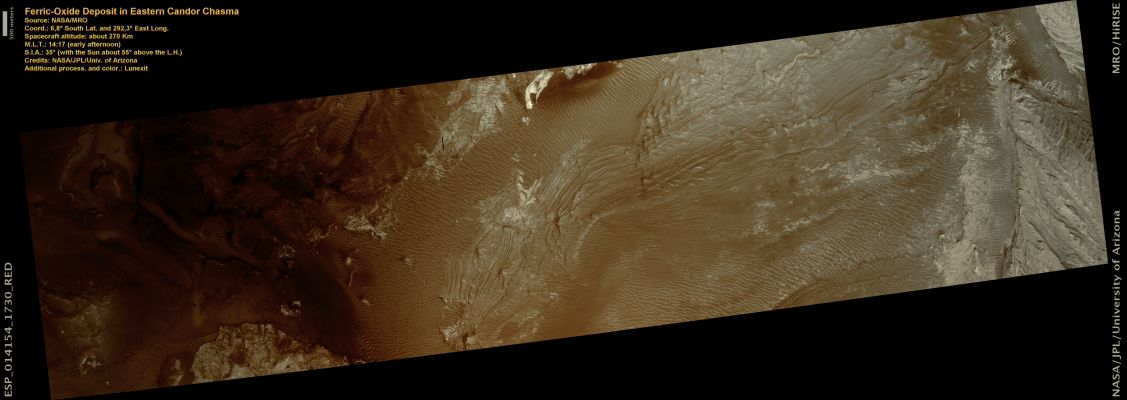 Ferric Oxide-Rich Deposit in East Candor Chasma (Natural Colors; credits: Lunexit)
nessun commento
Parole chiave: Mars from orbit - Candor Chasma