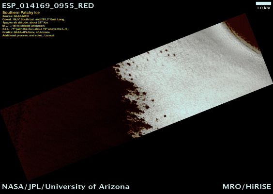 Southern Patchy Ice (Natural Colors; credits: Lunexit)
nessun commento
Parole chiave: Mars from orbit - South Polar Regions