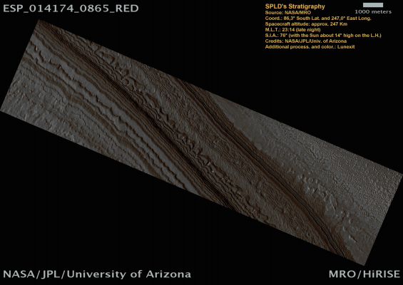 South Polar Layered Deposits' (SPLD) Stratigraphy (Natural Colors; credits: Lunexit)
nessun commento
Parole chiave: Mars from orbit - South Polar Regions - SPLD