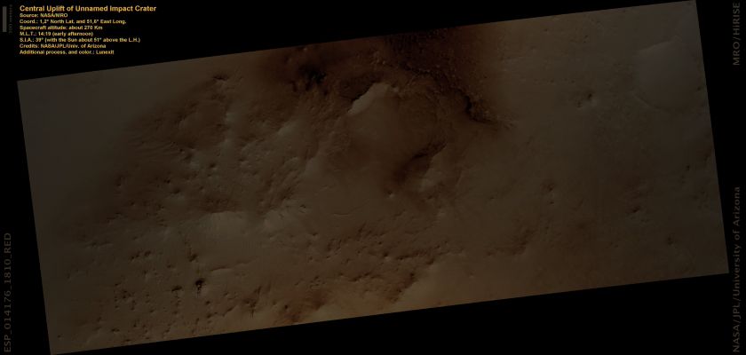 Central Uplift of an Unnamed Impact Crater (Natural Colors; credits: Lunexit)
nessun commento
Parole chiave: Mars from orbit - Craters - Unnamed Crater with Central Peak