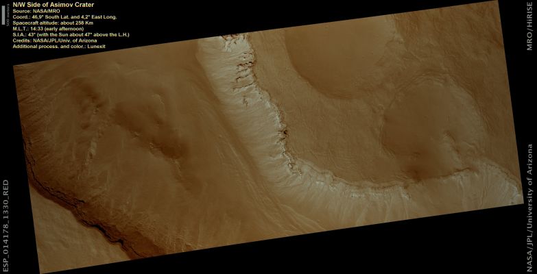 North-Western Side of Asimov Crater (Natural Colors; credits: Lunexit)
nessun commento
Parole chiave: Mars from orbit - Craters - Asimov Crater
