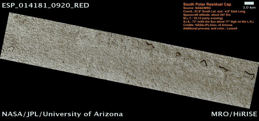 The South Polar Residual Cap (Natural Colors; credits: Lunexit)
nessun commento
Parole chiave: Mars from orbit - South Pole - South Polar Residual Cap