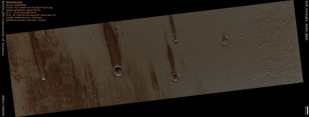 Windstreaks (Natural Colors; credits: Lunar Explorer Italia)
nessun commento
Parole chiave: Mars from orbit - Windstreaks