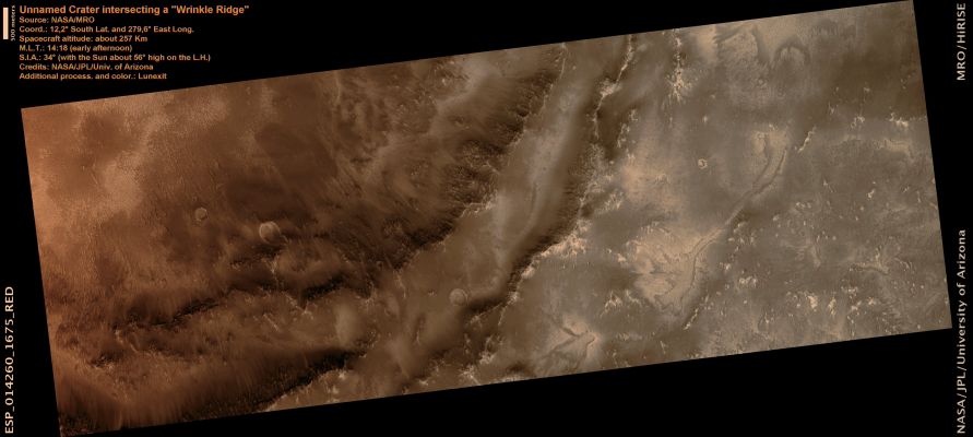 Unnamed Crater intersecting a "Wrinkle Ridge" (Natural Colors; credits: Lunexit)
Wrinkle Ridges are topographic structures produced by Subsurface faulting; they are commonly found on both the Moon and Mars.

This image shows a site where a Wrinkle Ridge intersects a Crater; the Ridge is a large feature and extends well outside this observation. The spur just inside the Crater Rim is roughly in line with the Wrinkle Ridge structure and probably represents enhanced crater collapse along the fault line.

An alternative possibility is that this spur was created by movement of the Wrinkle Ridge fault after the Crater formed, but this is unlikely because the Outer Rim of the Crater is not cut. Observations like this help constrain the relative timing of events on Mars.
Parole chiave: Mars from orbit - Craters - Unnamed Crater instersecting a Wrinkle Ridge