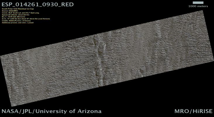 South Polar Residual Cap Monitoring (Natural Colors; credits: Lunexit)
This HiRISE image is of a portion of Mars' South Polar Residual Ice Cap. Like Earth, Mars has concentrations of water ice at both Poles.

Because Mars is so much colder, however, the seasonal ice that gets deposited at high latitudes in the Winter and is removed in the Spring (generally analogous to winter-time snow on Earth) is actually Carbon Dioxide Ice. Around the South Pole there are areas of this CO2 ice that do not disappear every Spring, but rather survive Winter after Winter. This persistent Carbon Dioxide Ice is called "South Polar Residual Cap", and is what we are looking at in this HiRISE image.

Relatively high-standing smooth material is broken up by semi-circular depressions and linear, branching troughs that make a pattern resembling those of your fingerprints. The high-standing areas are thicknesses of several meters of CO2 Ice. 
The depressions and troughs are thought to be caused by the removal of Carbon Dioxide Ice by Sublimation (the change of a material from solid directly to gas). HiRISE is observing this CO2 Terrain to try to determine how these patterns develop and how fast the depressions and troughs grow.

While the South Polar Residual Cap as a whole is present every year, there are certainly changes taking place within it. With the high resolution of HiRISE, we intend to measure the amount of expansion of the depressions over multiple Mars years. 
Knowing the amount of Carbon Dioxide removed can give us an idea of the atmospheric, weather, and climate conditions over the course of a year.

In addition, looking for where CO2 Ice might be being deposited on top of this terrain may help us understand if there is any net loss or accumulation of the CO2 Ice over time, which would be a good indicator of whether Mars' climate is in the process of changing, or not. (Written by: Patrick Russell)
Parole chiave: Mars from orbit - South Pole - South Polar Residual Cap