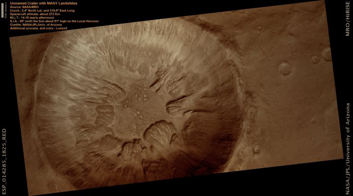 Unnamed Crater flooded with Landslides (Natural Colors; credits: Lunexit)
nessun commento
Parole chiave: Mars from orbit - Craters - Unnamed Crater with Landslides