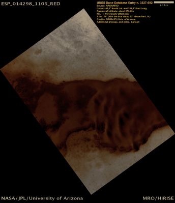 USGS Dune Database Entry Number 3327-692 (Natural Colors; credits: Lunexit)
nessun commento
Parole chiave: Mars from orbit - Dunes