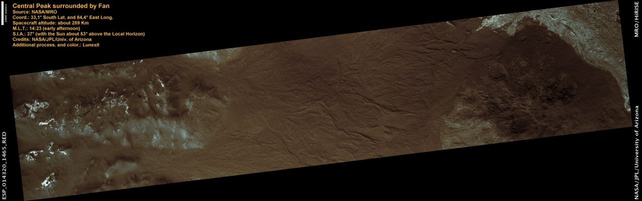 Central Peak surrounded by Fan (Natural Colors; credits: Lunexit)
nessun commento
Parole chiave: Mars from orbit - Craters - Unnamed Crater with Central Peak