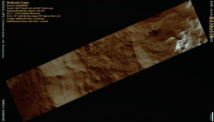 Snow-Streaks on McMurdo Crater (Natural Colors; credits: Lunexit)
The SPLD are a stack of ice and dust about 3 Km (a little less than 2 miles) thick. The many layers that make up this feature are of great interest to planetary scientists because, just as with ice sheets on Earth, they are thought to contain a record of the Planet’s climate in previous times.

As with the rest of Mars, impact craters form continuously on these Polar Deposits. 

Rarely, a very large impact will occur and the crater will excavate all the way through this ice-sheet to the rocky terrain underneath. This is what happened in the case of McMurdo, a crater roughly 20 Km (about 12,5 miles) across which punched through the ice-sheet in the past.

This HiRISE image shows the wall of this Crater, only half of which has been preserved until current times. 
You can see the many layers that comprise the SPLD exposed here. 
Scientists study exposures like this to try to understand the length of the climatic record that is recorded in the icy material at the Poles of Mars.
Parole chiave: Mars from orbit - Craters - McMurdo Crater