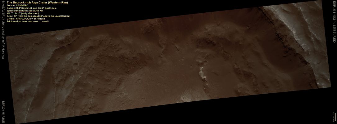 The Western Rim of Alga Crater (Natural Colors; credits: Lunexit)
nessun commento
Parole chiave: Mars from orbit - Craters - Alga Crater