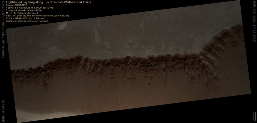 Light-toned Layering along Jus Chasma's Wallrock and Plains (Natural Colors; credits: Lunexit)
nessun commento
Parole chiave: Mars from orbit - Jus Chasma