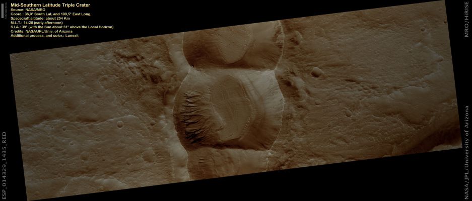 Triple Crater (Natural Colors; credits: Lunexit)
nessun commento
Parole chiave: Mars from orbit - Craters - Triple Crater