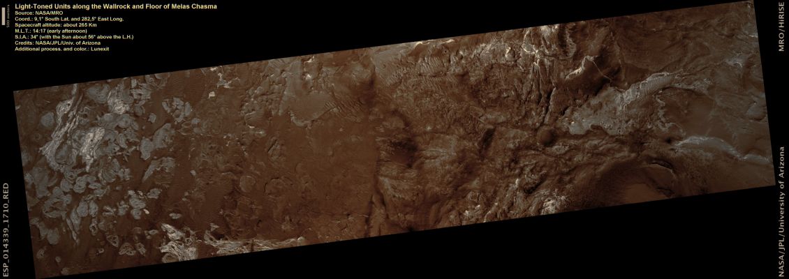 Light-Toned Units along the Wallrock and Floor of Melas Region (Natural Colors; credits: Lunexit)
nessun commento
Parole chiave: Mars from orbit - Melas Chasma Region