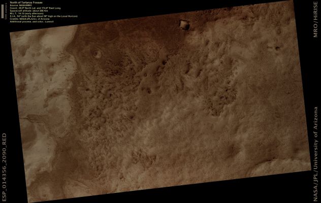 North of Tartarus Fossae (Natural Colors; credits: Lunexit)
nessun commento
Parole chiave: Mars from orbit - Tartarus Fossae Region