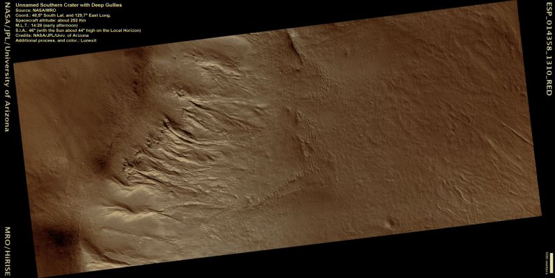 Unnamed Southern Crater with deeply incised Gullies (Natural Colors; credits: Lunexit)
nessun commento
Parole chiave: Mars from orbit - Craters - Unnamed Crater with Gullies