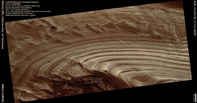 Layered Mound in Juventae Chasma (Natural Colors; credits: Lunexit)
nessun commento
Parole chiave: Mars from orbit - Juventae Chasma Region