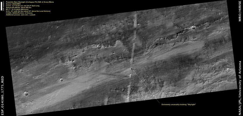 Extremely Unusually-looking Skylight, N/E of Arsia Mons (CTX frame)
Dopo il possibile Skylight recentissimamente individuato sulla Luna grazie ad immagini orbitali ottenute  della Sonda Nipponica "Kaguya" e dopo i vari "Buchi su Marte" (pozzi da collasso) individuati dalla Sonda MRO nei mesi trascorsi, ecco un nuovo (possibile) Pozzo Marziano la cui forma - come meglio vedrete nei successivi EDM realizzati dal nostro sempre bravo e puntuale Dr Barca - è decisamente inusuale.

In realtà, il collasso non sembra essersi aperto su un normale "lava tube" (ossìa una galleria sotterranea attraverso la quale, un tempo, scorse della lava fusa), bensì sopra una grande caverna sul cui fondo pare proprio che sorga un "mound", ossìa un dosso, una collinetta dai fianchi dolci e smussati. 
Una collinetta sotterranea che, come vedrete, occupa tutta la porzione Ovest del pozzo.

I margini del pozzo sono, come sempre, estremamente frastagliati (chiari segni di un cedimento tanto devastante, quanto improvviso) e - presumibilmente - scoscesi.

Attendiamo nuove immagini con diverse geometrie di illuminazione per poter vedere e quindi dire qualcosa di più su questa nuova e, come sempre, affascinante Martian Surface Feature.
Parole chiave: Mars from orbit - Collapse Features - Pit