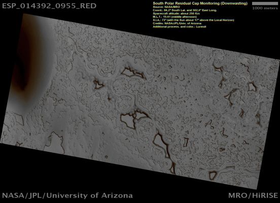 South Polar Residual Cap Monitoring - Downwasting Processes (Natural Colors; credits: Lunexit)
nessun commento
Parole chiave: Mars from orbit - South Pole - South Polar Residual Cap