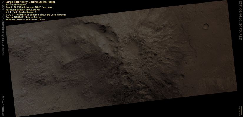 Unnamed Crater with Rocky central Uplift (Natural Colors; credits: Lunexit)
nessun commento
Parole chiave: Mars from orbit - Craters - Unnamed Crater with Central Peak