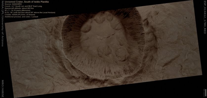 Unnamed Crater with Deep Gullies (Absolute Natural Colors; credits for the additional process. and color.: Dr Paolo C. Fienga - Lunexit Team)
nessun commento
Parole chiave: Mars from orbit - Craters - Unnamed Crater with Gullies