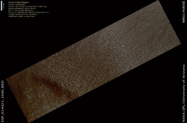 South Polar Region (Natural Colors; credits: Dr Paolo C. Fienga - Lunexit Team)
Somewhere in this patterned landscape, less than 1000 Km (about 600 miles) from the South Pole of Mars, a treasure may be hiding.
In January 1999, NASA launched a rocket containing the Mars Polar Lander (MPL), an exploration vehicle with a weather station and a subsurface probe designed to search for water ice, towards the Layered Terrain near the Martian South Pole. The layers are thought to be a sequence of alternating dust-rich and dust-poor ice deposited by the seasonal advance and retreat of the South Polar Ice Cap and could be an important record of climate on the Red Planet.
On 3 December 1999, just before the Lander entered the Martian Atmosphere, MPL went silent. Investigations propose the most likely cause of the mission failure is that the Spacecraft’s computers misinterpreted the release of the Lander’s legs in preparation for descent as touch-down on the Martian Surface, causing descent engines to shut off when the lander was still 40 meters (130 feet) above ground. 
However, no one knows for sure.

An immediate search began for the remains of the MPL using images from Mars Global Surveyor. HiRISE is continuing the search with high resolution images of the area in which MPL could, most likely, have crash-landed. 
Parole chiave: Mars from orbit - South Polar Regions - Spider-like Features